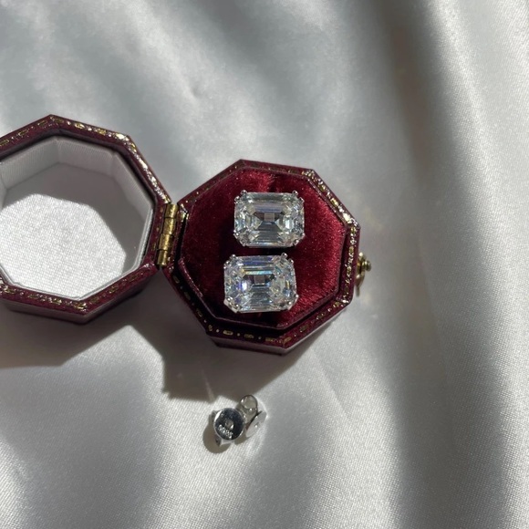 3.79Ct GUMBO Emerald Cut Square Rectangular Simulated Diamond Earrings STuds - Picture 3 of 16